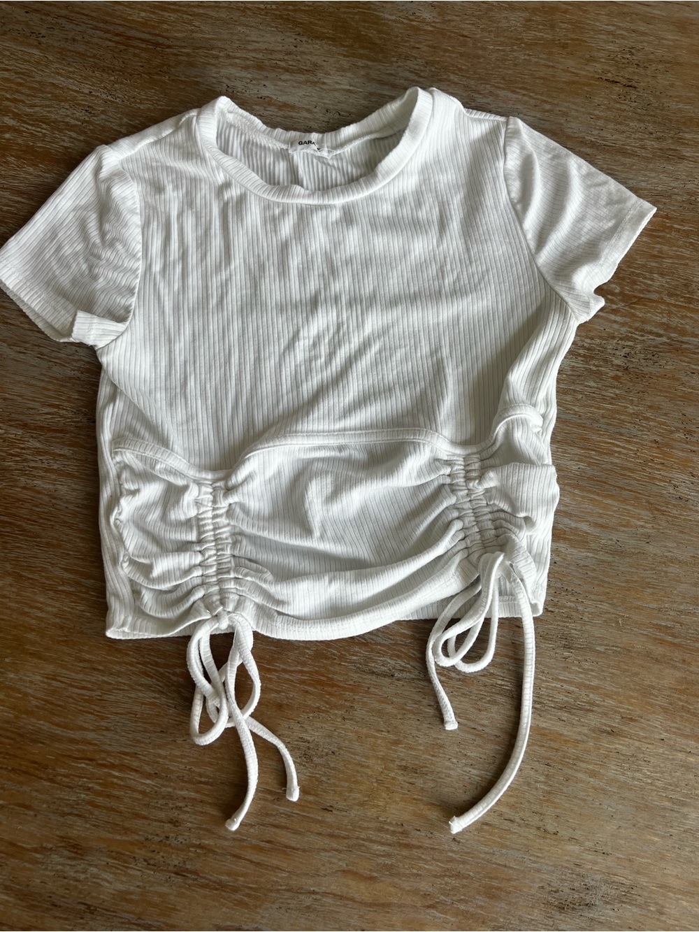 Garage White Ribbed Drawstring Crop Tee